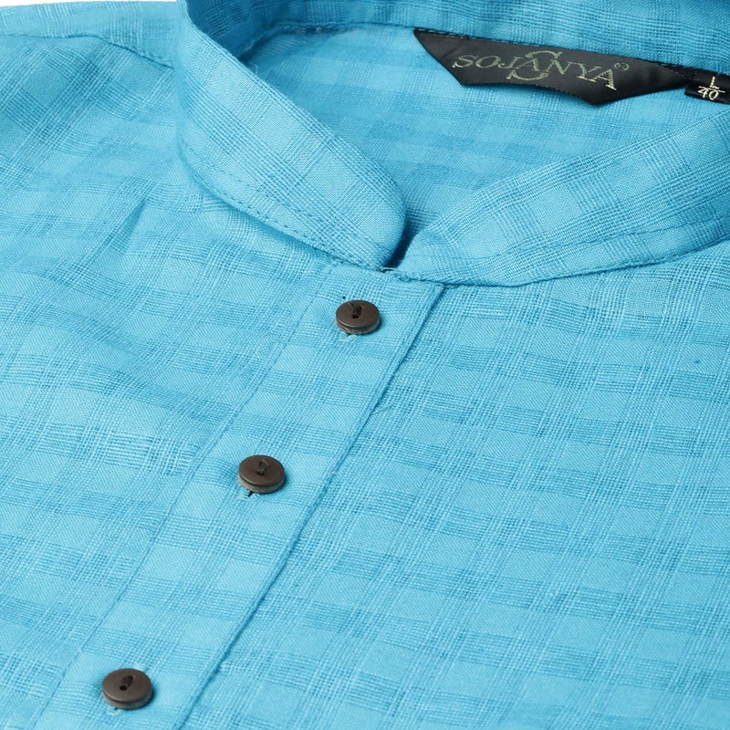 Sojanya (Since 1958 Men'S Cotton Linen Peacock Blue Checked Only Long Kurta, Size 42 - Image 4